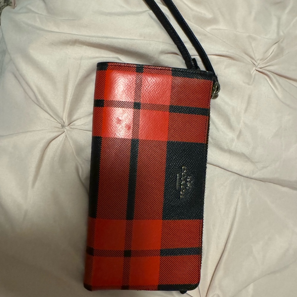 Coach Red and Black Wallet with Buffalo Plaid Design